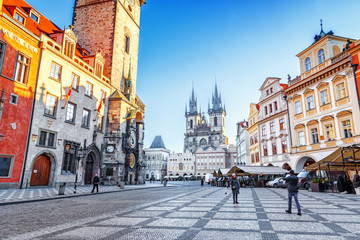 Classical view at Old Town Hall (15th Century), Town Square and Church of Lady Tyn (1365) in Prague...