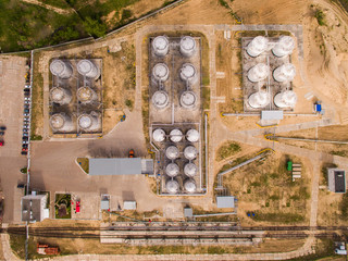 aerial view of petrol industrial zone on sand. Top view