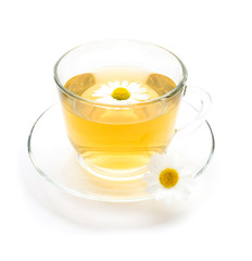 Transparent cup of chamomile tea with camomile flowers