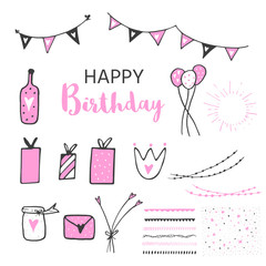 Birthday party icon set, black and pink colors.