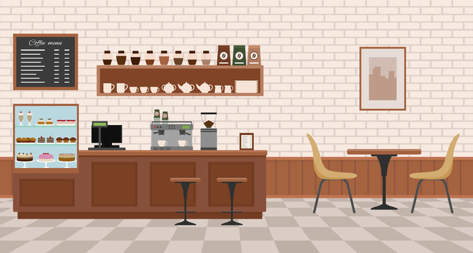 Empty cafe interior. Flat design vector illustration