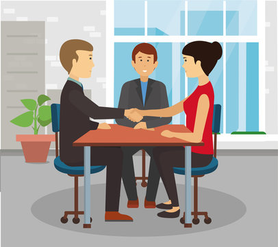 Business People handshake over a table. Talks at Table. Closed Deal. Successful Business Negotiations Flat Illustration Vector.