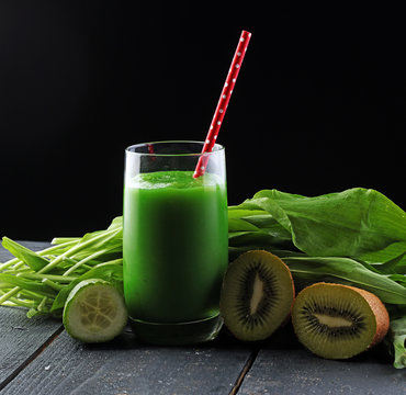 Healthy green smoothie and ingredients - superfoods, detox, diet