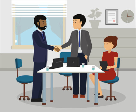 Diverse Business People handshaking after meeting. Diversity Partnership Flat Illustration Vector.