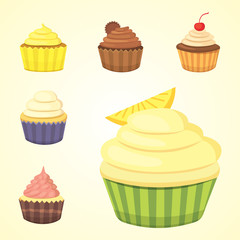 Set of cute vector cupcakes and muffins. Colorful cupcake isolated for food poster design.