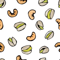 Seamless with Shelled Pistachio and Cashew Nuts. Isolated On a White Background Doodle Cartoon Hand Drawn Sketch Vector Illustration. Food Pattern.