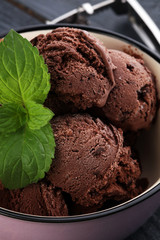 Chocolate coffee ice cream ball in a bowl