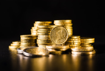 Euro coins.Coins stacked on each other in different positions. Money concept