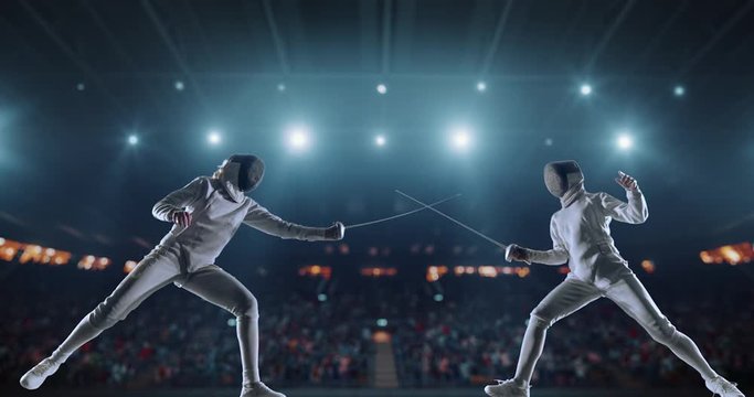 4K video in slow motion of two female fencing athletes. The action takes place on professional sports arena with spectators and lense-flares. Women wear unbranded sports clothes. Arena is made in 3D.