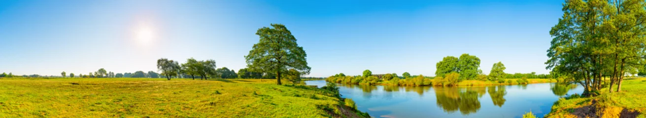 Fototapete Fluss Landschaft im Sommer mit Fluss, Sonne, Wiese und Baum