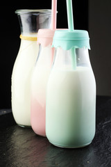 milk products - tasty healthy dairy products on a table on: and
