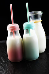 milk products - tasty healthy dairy products on a table on: and
