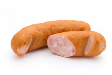 Sausage and spices isolated on white background, fresh delicious frankfurter.
