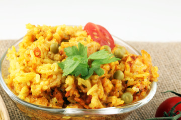 Chicken tikka masala spicy curry meat food with rice