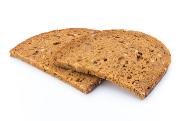 Slices of rye bread isolated on white background.