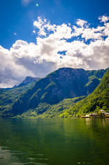 Fototapeta na wymiar Fantastic landscape of Hallstatt lake, Austrian Alps, Salzkammergut, Austria, Europe