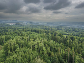 Aerial view dramatic clouds and forest