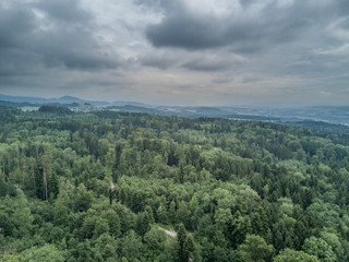 Aerial view dramatic clouds and forest