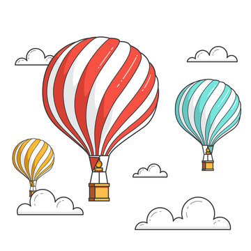 Hot air balloons isolated on white background with clouds for travel agency, motivation, business development,greeting card