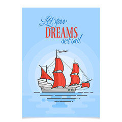 Color ship with red sails in the sea. Sailboat on waves for trip, tourism, travel agency, hotels, vacation card, banner
