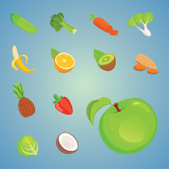 Cute cartoon Healthy food icons. Set of vegetarian foods