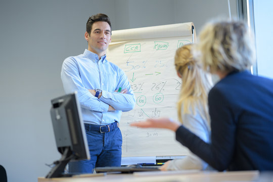 man showing something on white board and teacher in classroom