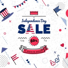 USA Independence day Sale vector illustration. Sale poster with geometric shapes. Vector background in retro 80s, 90s memphis style.