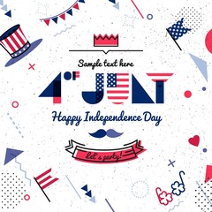 4 July USA Independence Day abstract background in 80s memphis style. Hipster bright color background. Vector illustration
