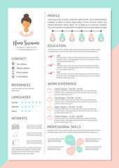 Feminine resume with infographic design. Stylish CV set for women. Clean vector.