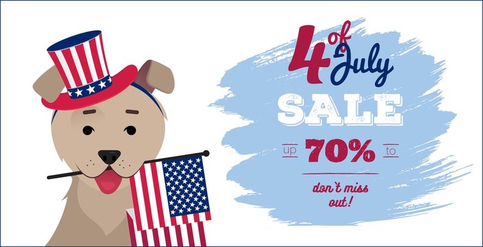 July 4 sale poster. Dog in hat holding usa flag with mouth. 4th of July Independence day funny background. Vector flat illustration