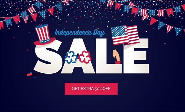 USA Independence day Sale vector illustration. Sale poster with confetti, bunting flags, text and hat. 