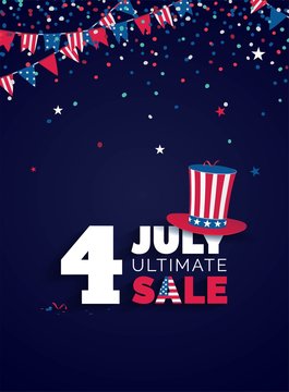USA Independence day Sale vector illustration. Sale poster with confetti, bunting flags, text and hat.