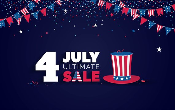 USA Independence day Sale vector illustration. Sale poster with confetti, bunting flags, text and hat. 