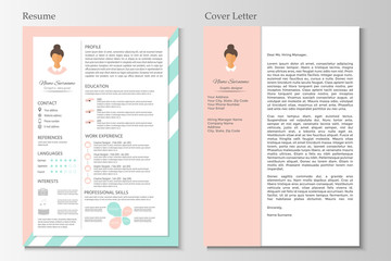 Feminine resume with infographic design. Stylish CV set for women. - obrazy, fototapety, plakaty