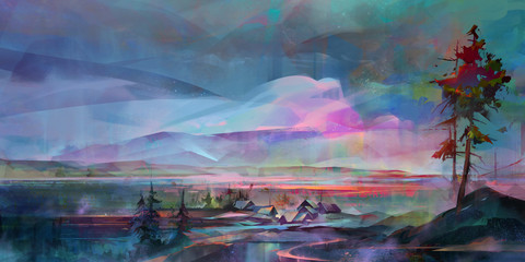 Obrazy na Szkle  malowany kolorowy krajobraz z domami