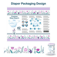 Diaper packaging design elements in doodle forest style. Nappy pakaging design for size 5, with floral border, diaper icons, and deer