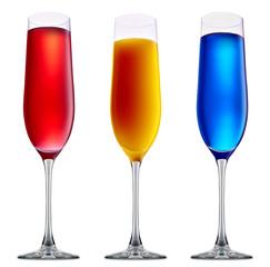 fresh fruit alcohol cocktail or mocktail in champagne glass with blue red and orange beverage isolated on white background