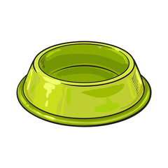 Empty green shiny plastic bowl for pet, cat, dog food, sketch vector illustration isolated on white background. Hand drawn empty bowl, plate for pet, dog, cat food