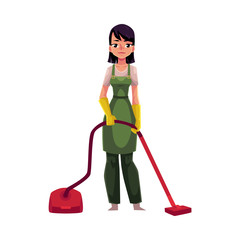 Cleaning service girl, charwoman in overalls standing with vacuum cleaner, cartoon vector illustration isolated on white background. Cleaning service girl wearing uniform, using vacuum cleaner