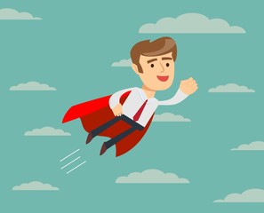 Super Businessman in Red Cape Flying to Success. Business Superhero. Vector illustration