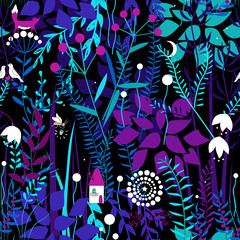 Vector seamless pattern with night forest plants, and fairy house.
