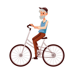 Old, elder bearded man in vest and hat riding a bicycle, cycling, cartoon vector illustration isolated on white background. Full length, side view portrait of retired man riding a bicycle, cycling