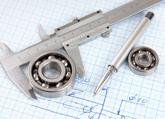 Technical drawing and callipers with  bearing