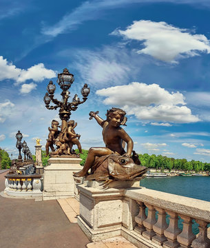 Panoramic image of bridge Pont Alexandre III in Paris