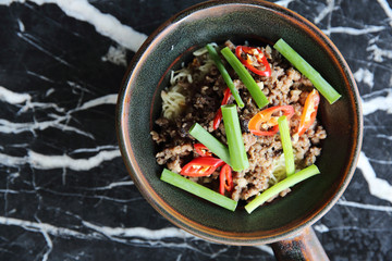 Fried minced pork with noodle