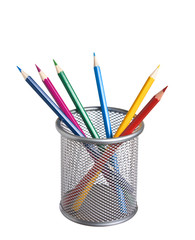 colored pencils in basket