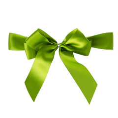 Green satin bow isolated on white background