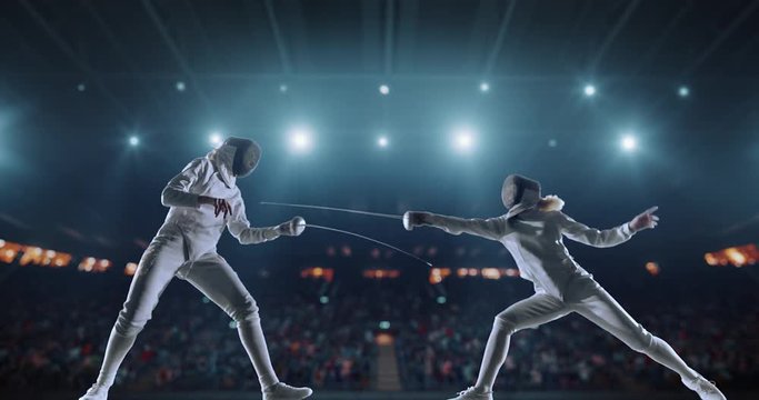 4K video in slow motion of two female fencing athletes. The action takes place on professional sports arena with spectators and lense-flares. Women wear unbranded sports clothes. Arena is made in 3D.