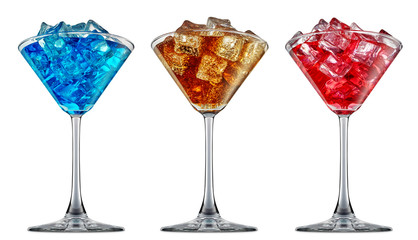 fresh fruit alcohol cocktail or mocktail in martini glass with blue red and orange beverage isolated on white background