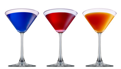 fresh fruit alcohol cocktail or mocktail in martini glass with blue red and orange beverage isolated on white background